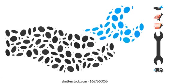 Dotted Mosaic basierend auf Reparaturdienst. Der Reparaturdienst für die Vektorillustration von Mosaiken besteht aus randomisierten Ellipsenflecken. Bonussymbole werden hinzugefügt.