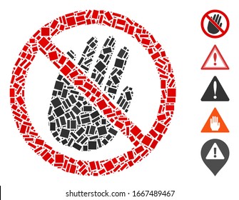 Dotted Mosaic based on restricted hand. Mosaic vector restricted hand is formed with random rectangular items. Bonus icons are added.