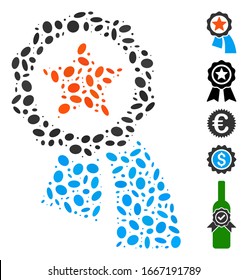 Dotted Mosaic based on reward badge. Mosaic vector reward badge is created with random elliptic spots. Bonus icons are added.