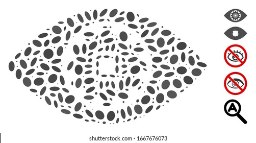Dotted Mosaic based on robotics eye lens. Mosaic vector robotics eye lens is created with random elliptic dots. Bonus icons are added.