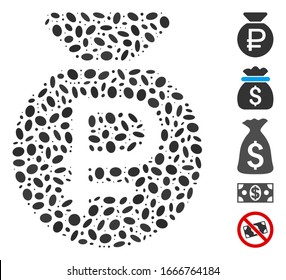 Dotted Mosaic based on rouble fund. Mosaic vector rouble fund is composed with scattered ellipse elements. Bonus icons are added.