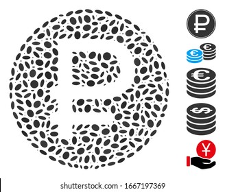 Mosaico distorsionado basado en la moneda de rublos. La moneda de rublo vectorial mosaico se forma con elementos elípticos dispersos. Se agregan iconos de bonificación.