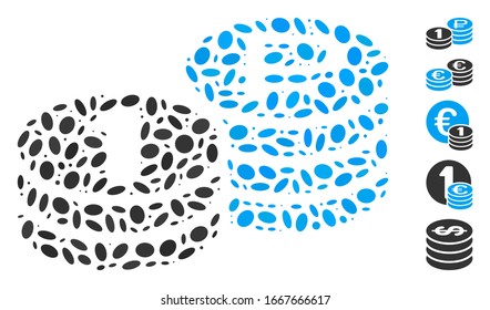 Dotted Mosaic based on rouble coin stacks. Mosaic vector rouble coin stacks is created with random oval dots. Bonus icons are added.