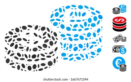 Dotted Mosaic based on rouble and dollar coins. Mosaic vector rouble and dollar coins is created with randomized oval dots. Bonus icons are added.