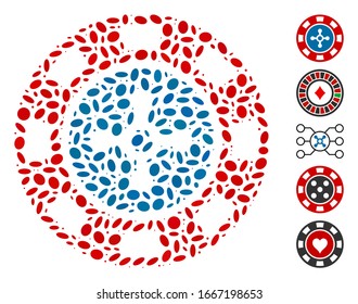 Mosaico distorsionado basado en el chip del casino de la ruleta. El chip de casino de ruleta vectorial mosaico se crea con puntos elípticos aleatorios. Se agregan iconos de bonificación.