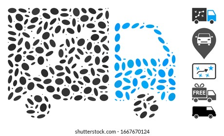 Dotted Mosaic based on route van. Mosaic vector route van is designed with random oval items. Bonus icons are added.