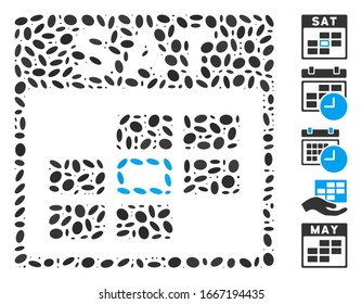 Dotted Mosaic based on Saturday calendar grid. Mosaic vector Saturday calendar grid is created with random elliptic spots. Bonus icons are added.