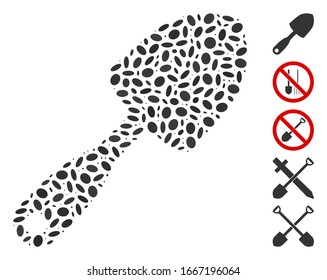 Dotted Mosaic basierend auf Scoop-Schaufel. Mosaik Vektorillustration Scoop-Schaufel wird mit zufälligen elliptischen Punkten erstellt. Bonussymbole werden hinzugefügt.