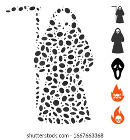 Dotted Mosaic based on scytheman. Mosaic vector scytheman is created with randomized ellipse items. Bonus icons are added.