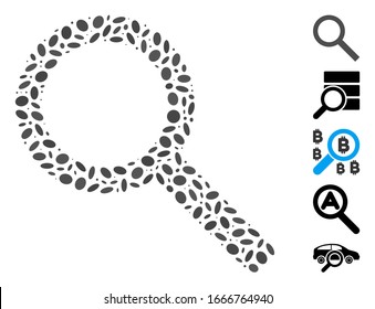 Dotted Mosaic based on search. Mosaic vector search is designed with randomized elliptic spots. Bonus icons are added.