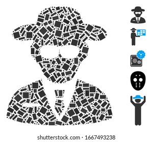 Mosaico distorsionado basado en un agente seguro. El agente de seguridad del vector mosaico está diseñado con puntos rectangulares aleatorios. Se agregan iconos de bonificación.
