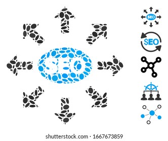 Dotted Mosaic basierend auf Seo-Marketing. Mosaik Vektorillustration Seo Marketing wird mit zufälligen ovalen Elementen erstellt. Bonussymbole werden hinzugefügt.