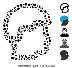 Dotted Mosaic based on sergeant head. Mosaic vector sergeant head is designed with randomized oval spots. Bonus icons are added.