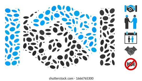 Dotted Mosaic based on smart contract handshake. Mosaic vector smart contract handshake is composed with scattered oval spots. Bonus icons are added.