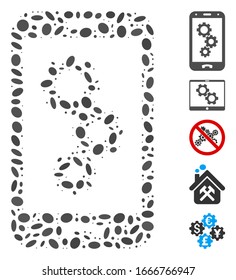 Dotted Mosaic based on smartphone settings gears. Mosaic vector smartphone settings gears is designed with randomized oval spots. Bonus icons are added.