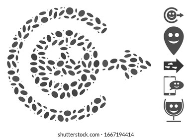 Dotted Mosaic based on smile exit. Mosaic vector smile exit is formed with scattered oval items. Bonus icons are added.