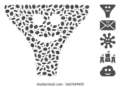 Dotted Mosaic based on smile funnel. Mosaic vector smile funnel is created with scattered oval items. Bonus icons are added.
