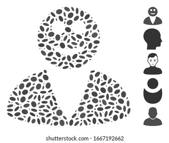 Dotted Mosaic based on smiled user. Mosaic vector smiled user is composed with randomized oval elements. Bonus icons are added.