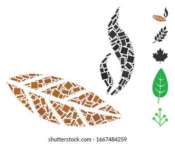 Dotted Mosaic based on smoking tobacco leaf. Mosaic vector smoking tobacco leaf is created with scattered rectangular items. Bonus icons are added.