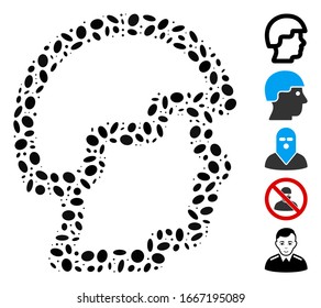 Dotted Mosaic based on soldier head. Mosaic vector soldier head is designed with scattered oval spots. Bonus icons are added.