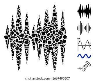 Dotted Mosaic based on sound signal. Mosaic vector sound signal is composed with scattered rectangle dots. Bonus icons are added.