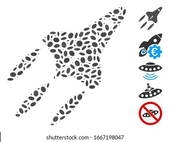 Gedotter Mosaik auf der Grundlage eines Raumfährens. Die Raumfähre der Mosaik-Vektorillustration wird mit zufälligen Ellipsenelementen erstellt. Bonussymbole werden hinzugefügt.