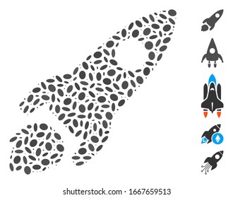 Dotted Mosaic based on space rocket. Mosaic vector space rocket is designed with randomized elliptic dots. Bonus icons are added.