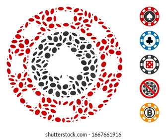Dotted Mosaic based on spades casino chip. Mosaic vector spades casino chip is created with randomized oval items. Bonus icons are added.