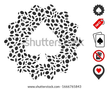 Dotted Mosaic based on spades token. Mosaic vector spades token is created with randomized oval elements. Bonus icons are added.