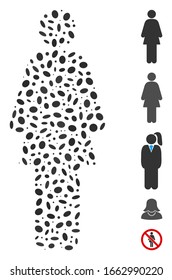 Dotted Mosaic based on standing woman. Mosaic vector standing woman is designed with randomized oval items.