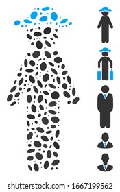 Gedotter Mosaik auf der Grundlage eines stehenden Gentleman. Mosaik Vektorillustration stehende Gentleman besteht aus randomisierten elliptischen Flecken. Bonussymbole werden hinzugefügt.
