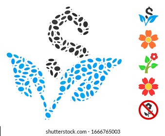 Dotted Mosaic based on startup sprout. Mosaic vector startup sprout is formed with random ellipse dots. Bonus icons are added.
