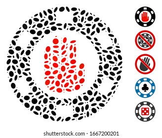 Dotted Mosaic based on stop gambling chip. Mosaic vector stop gambling chip is composed with scattered ellipse items. Bonus icons are added.