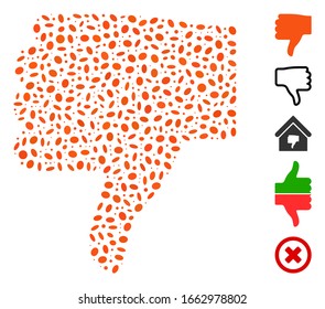 Dotted Mosaic based on thumb down. Mosaic vector thumb down is designed with scattered ellipse elements.