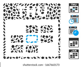 Dotted Mosaic based on Thursday calendar grid. Mosaic vector Thursday calendar grid is formed with random ellipse items. Bonus icons are added.
