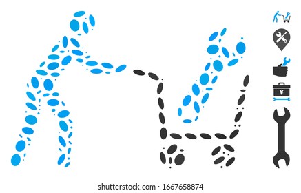 Mosaico distorsionado basado en herramientas de compra. La compra de herramientas vectoriales de mosaico está diseñada con puntos de elipse aleatorios. Se agregan iconos de bonificación.