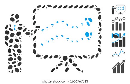 Dotted Mosaic based on trends presentation. Mosaic vector trends presentation is formed with random oval items. Bonus icons are added.