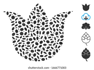 Dotted Mosaic based on tulip flower. Mosaic vector tulip flower is designed with scattered ellipse spots. Bonus icons are added.