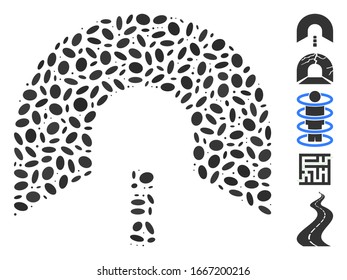 Dotted Mosaic based on tunnel. Mosaic vector tunnel is created with random oval elements. Bonus icons are added.
