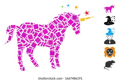 Dotted Mosaic based on unicorn. Mosaic vector unicorn is designed with randomized rectangular items. Bonus icons are added.