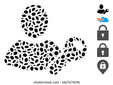 Dotted Mosaic based on user key. Mosaic vector user key is designed with scattered oval items. Bonus icons are added.