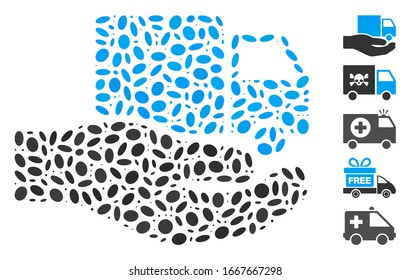 Dotted Mosaic based on van delivery service hand. Mosaic vector van delivery service hand is composed with randomized ellipse items. Bonus icons are added.
