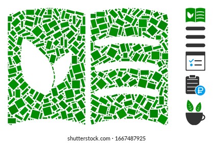 Dotted Mosaic based on vegan menu. Mosaic vector vegan menu is created with random rectangular spots. Bonus icons are added.