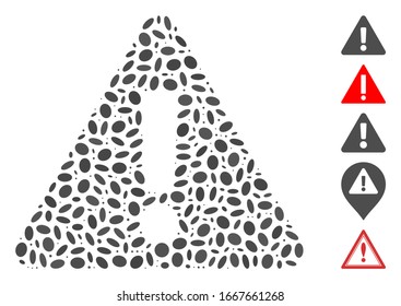 Dotted Mosaic based on warning. Mosaic vector warning is formed with random oval elements. Bonus icons are added.