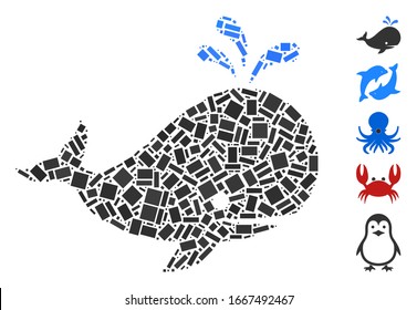 Dotted Mosaic based on whale. Mosaic vector whale is designed with randomized rectangle elements. Bonus icons are added.