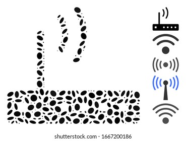 Dotted Mosaic based on Wi-Fi modem. Mosaic vector Wi-Fi modem is formed with randomized elliptic items. Bonus icons are added.