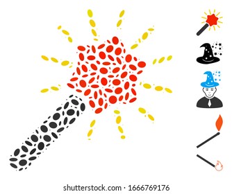 Dotted Mosaic based on wizard wand. Mosaic vector wizard wand is composed with scattered oval dots. Bonus icons are added.