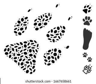 Dotted Mosaic based on wolf footprint. Mosaic vector wolf footprint is designed with random ellipse items. Bonus icons are added.