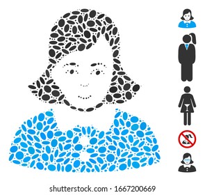 Dotted Mosaic based on woman. Mosaic vector woman is created with random ellipse spots. Bonus icons are added.