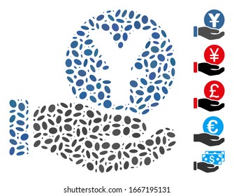 Dotted Mosaic based on yuan coin payment hand. Mosaic vector yuan coin payment hand is created with random oval spots. Bonus icons are added.